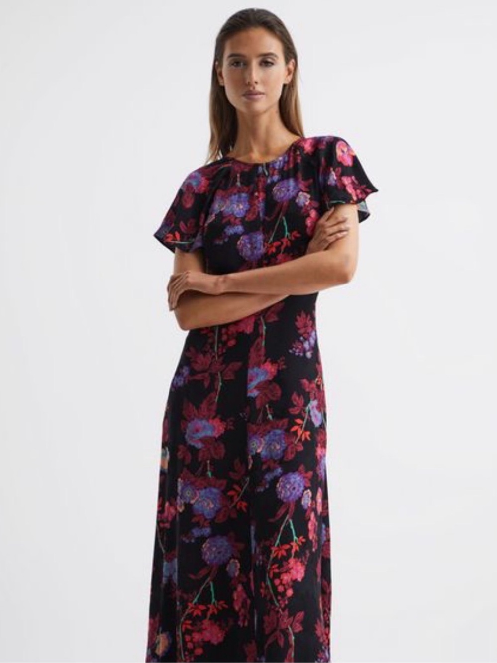 Reiss Black Maxi Dress Floral Print